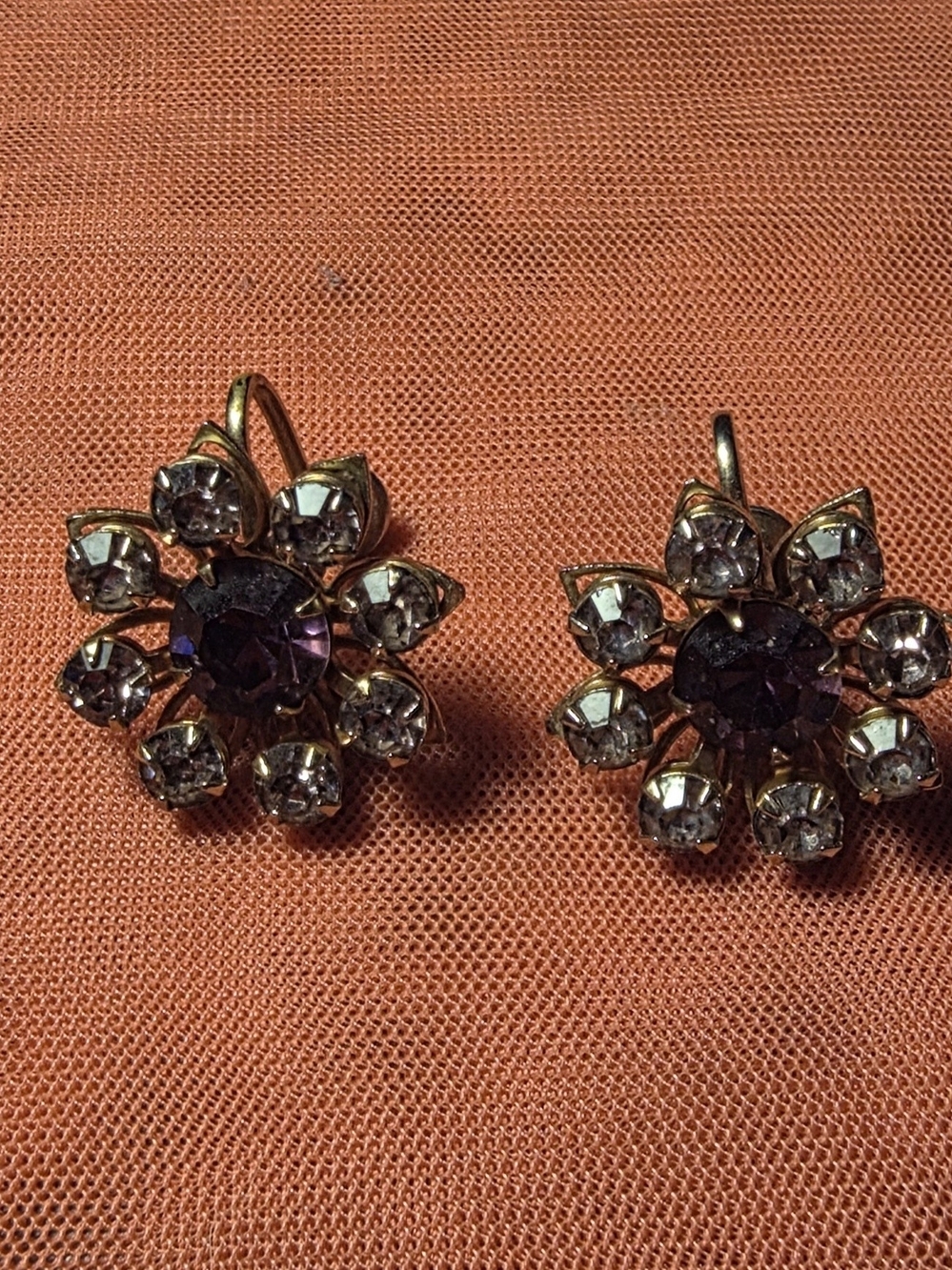 Gold-Tone Purple and Clear Crystal Flower Drop Earrings
